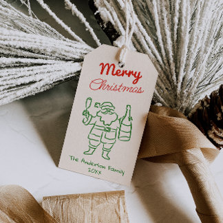 Retro Röd Grön Handritad Tomte Jul Presentetikett
