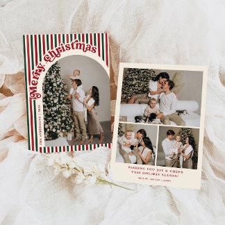 Retro röd grön randig valv familjefoto jul julkort