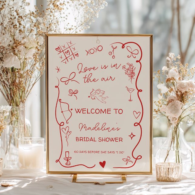 Retro Röd Kärlek i luften bröllopsfirande Poster (Retro Red Love in the air welcome bridal shower Poster)