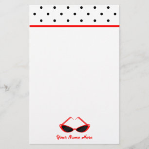 Retro röd kattögasolglasögon & svart polka dots brevpapper