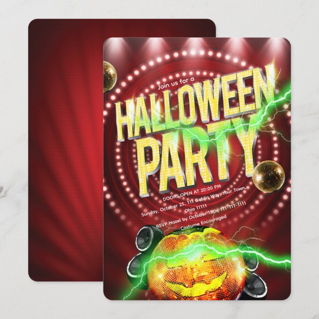 Retro Röd Marquee Halloween Disco Pumpa Inbjudningar (Fram/baksida)