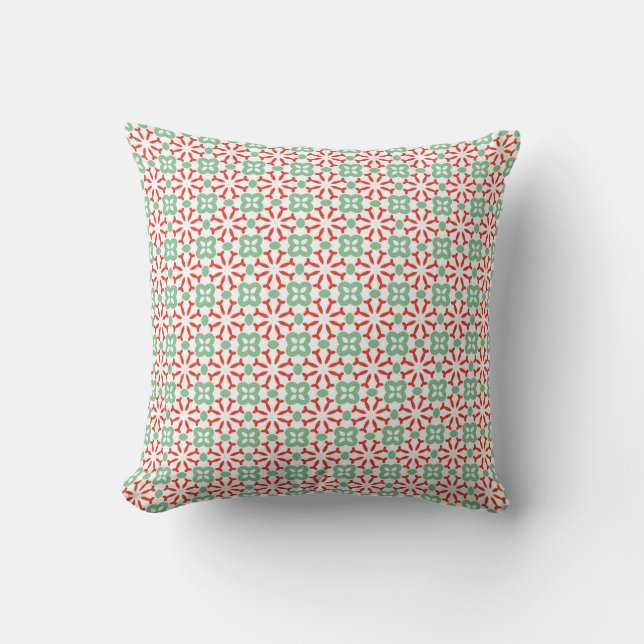 Retro röd mintgrön blommig geometrisk mönster kudde (Framsida)