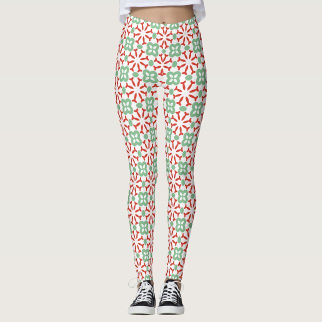 Retro Röd Mintgrön Blommig Geometrisk Mönster Leggings (Framsida)