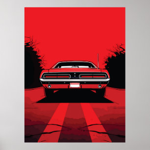 Retro röd muskelbil bakifrån Pop Art-illustration Poster