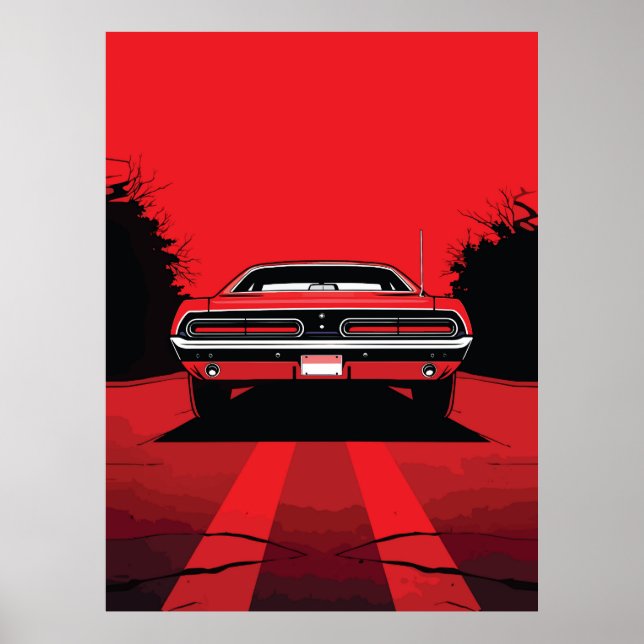 Retro röd muskelbil bakre Pop Art-illustration Poster (Framsidan)