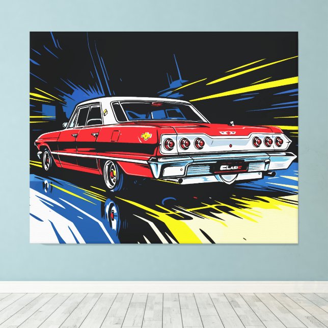 Retro Röd Muskelbil Sidovy Popkonstillustration Canvastryck (Insitu (trägolv))