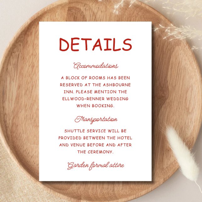 Retro röd och vit bröllopsinformation tilläggskort (Retro red and white wedding enclosure cards share important details with timeless charm.)