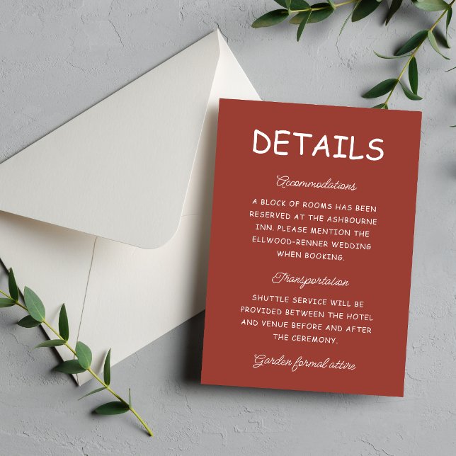 Retro röd och vit bröllopsinformation tilläggskort (Retro red and white enclosure cards help guests stay informed with classic charm.)