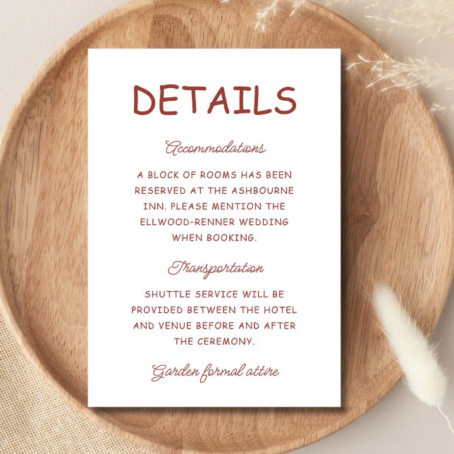 Retro röd och vit bröllopsinformation tilläggskort (Retro red and white wedding enclosure cards share key details with timeless elegance.)