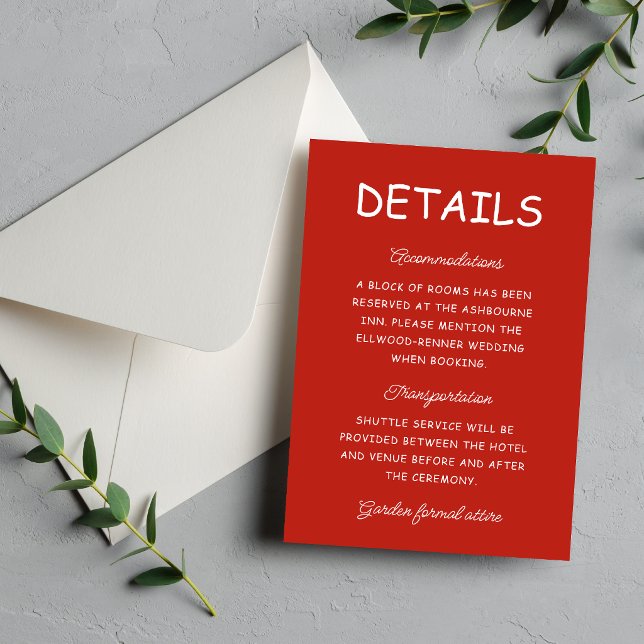 Retro röd och vit bröllopsinformation tilläggskort (Retro red and white information enclosure cards keep wedding details organized and stylish.)