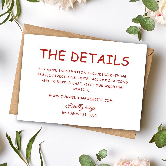 Retro röd och vit bröllopsinformation tilläggskort (Retro red and white wedding enclosure cards keep guests informed with vintage-inspired style.)