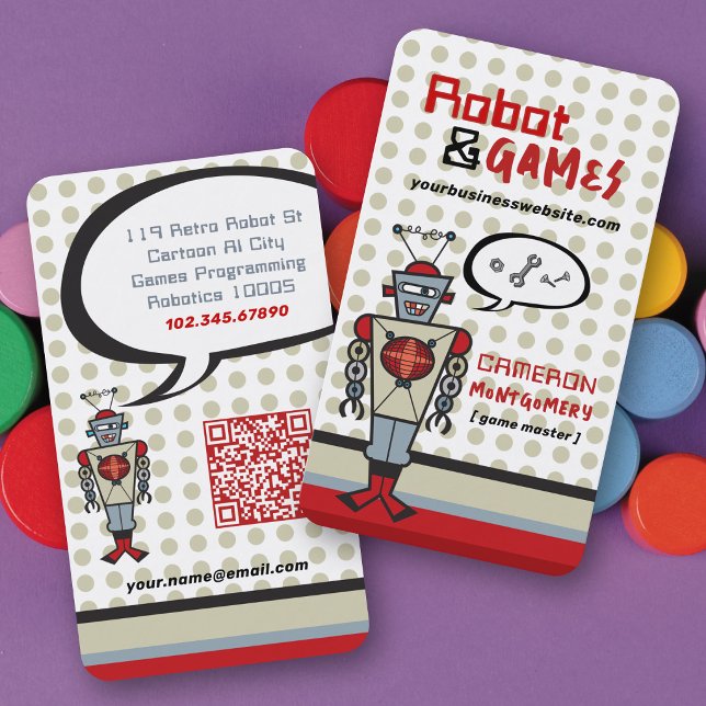 Retro röd robot & spel barn tecknad nötter & bulta visitkort (Retro Red Robot & Games Kids Cartoon Nuts & Bolts Business/Profile Card @ fatfatin_mini_me)