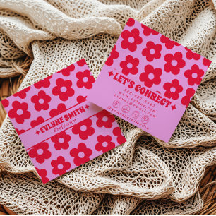 Retro Röd Rosa Groovy Blommig Boho Flickaktig Tren Fyrkantigt Visitkort