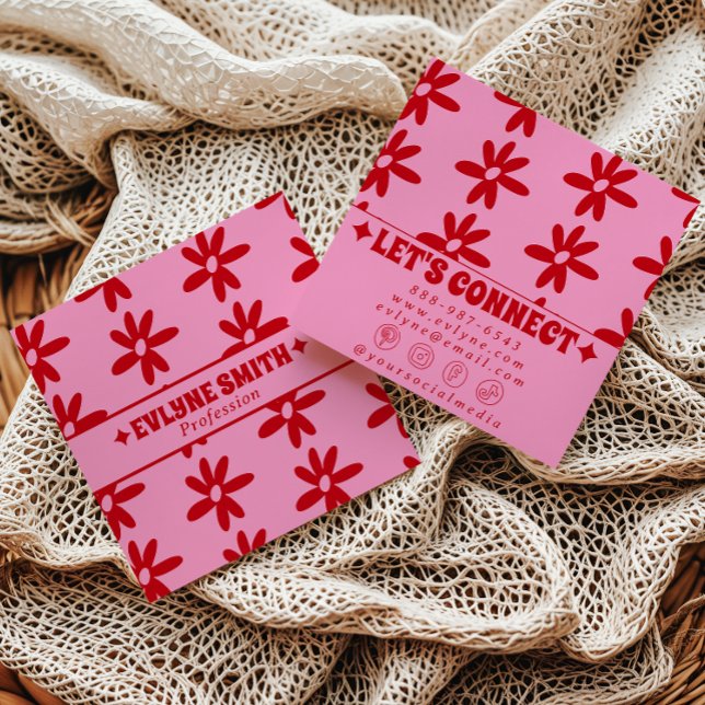 Retro Röd Rosa Groovy Blommig Boho Flickig Trendig Fyrkantigt Visitkort (Skapare uppladdad)