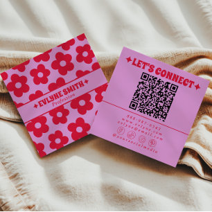Retro Röd Rosa QR-kod Groovy Blommig Feminint Tren Fyrkantigt Visitkort