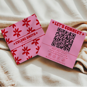 Retro Röd Rosa QR-kod Groovy Blommig Feminint Tren Fyrkantigt Visitkort