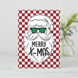 Retro röd rosa rutig tomte jul julkort
