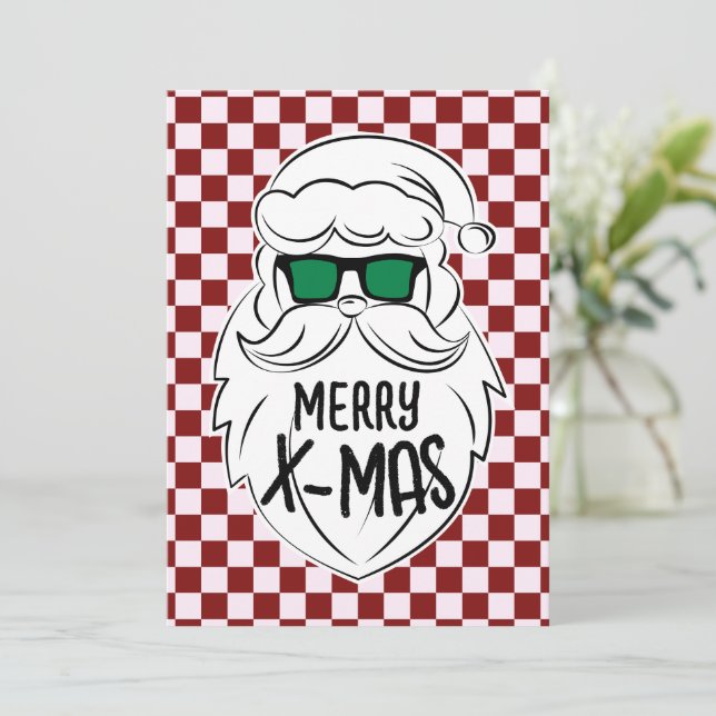 Retro röd rosa rutig tomte jul  julkort (Stående Fram)