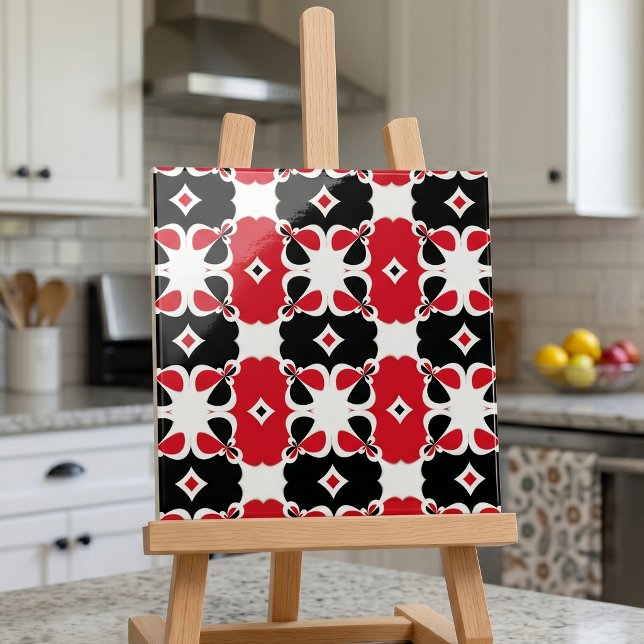 Retro Röd Svart Vit Geometrisk Blommig Mönster Kakelplatta (Skapare uppladdad)
