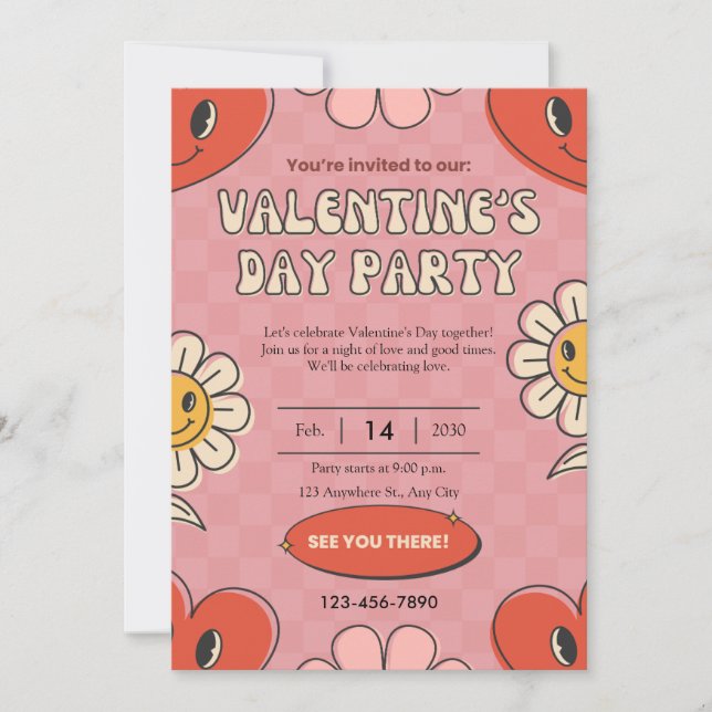 Retro röd valentinpartys-inbjudan julkort (Framsida)
