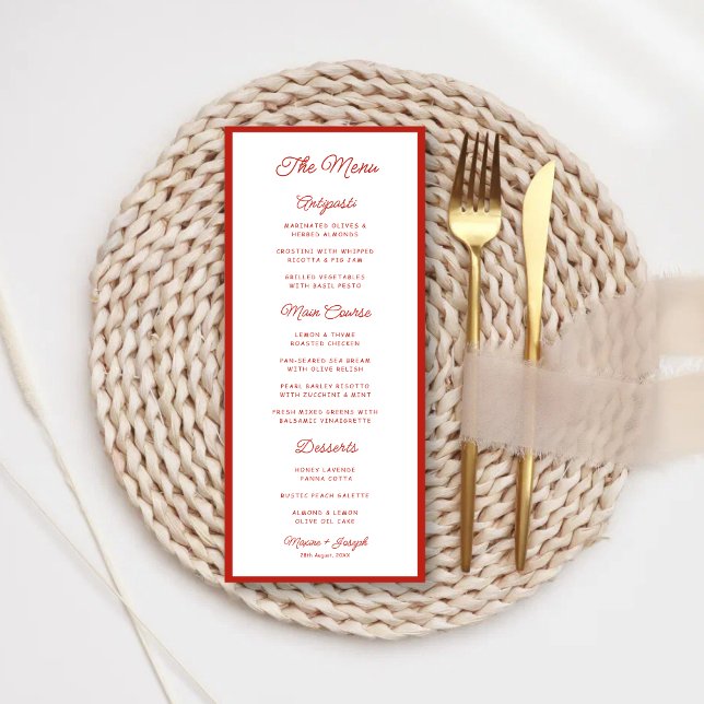 Retro Röd & Vit Bröllop Meny (Retro red and white wedding menu adds vintage charm and stylish table appeal.)