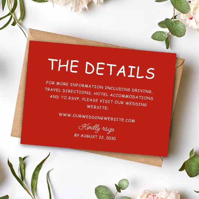 Retro Röd & Vit Bröllopsinformation Tilläggskort (Retro red and white information enclosure cards neatly share wedding details with charm.)