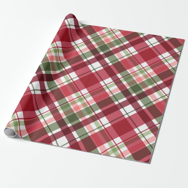 Retro Röd Vit Jul Nyår Tartan Randig Presentpapper (Utrullad)