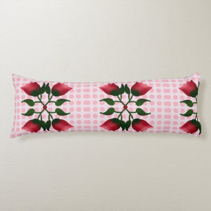 Retro Röda Blommor Folk Art med Rosa Prickiga Möns Kroppskudde