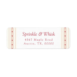 Retro röda och krämfärgade hjärtstrimmor bageri returadress etikett