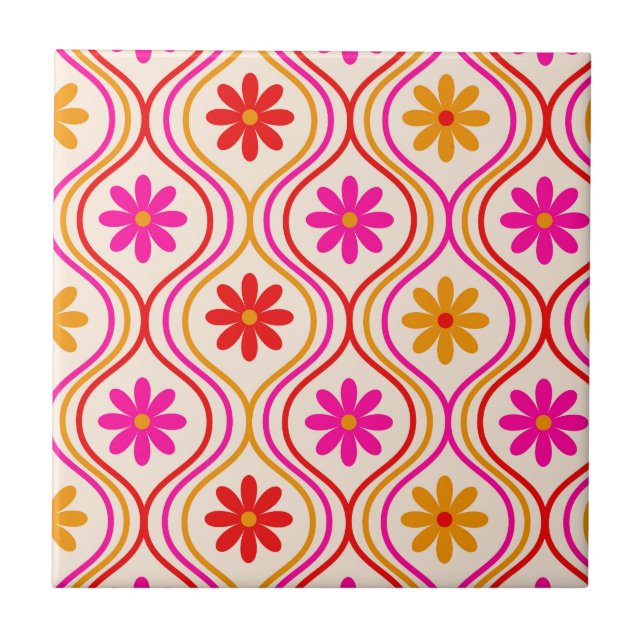 Retro Röda Rosa Orange Blommor på Ogee Mönster  Kakelplatta (Framsidan)