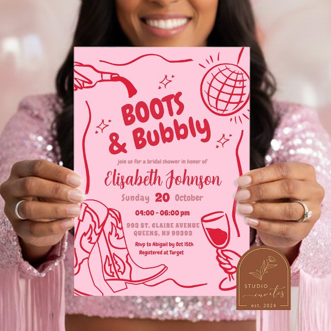 Retro Röda rosa stövlar och Bubbly Bröllopsdusch Inbjudningar (Skapare uppladdad)
