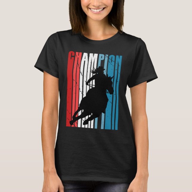 Retro Rodeo Champion Cowgirl on Horse Riding Patri T Shirt (Framsida)
