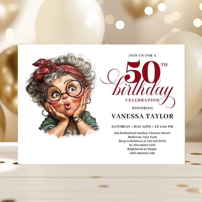 Retro rolig dam som fyller 50 födelsedagsinbjudan inbjudningar (Retro funny lady turning 50 birthday invitation)
