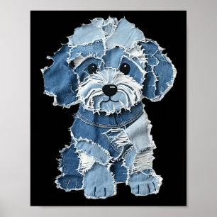 Retro Rolig Denim Lapp Djur Hund Tryck