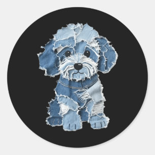 Retro Rolig Denim Lapp Djur Hund Tryck Runt Klistermärke