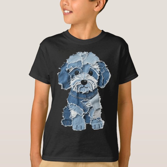 Retro Rolig Denim Lapp Djur Hund Tryck  T Shirt (Framsida)