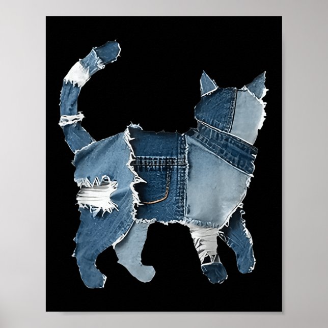 Retro Rolig Denim Lapp Djur Katt  Poster (Framsidan)