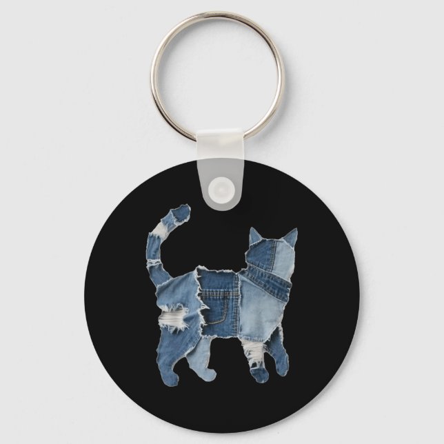 Retro Rolig Denim Lapp Djur Katt Tryck  Nyckelring (Framsida)