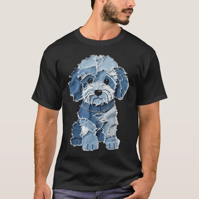 Retro Rolig Denim Lappdjur Hundtryck  T Shirt (Framsida)