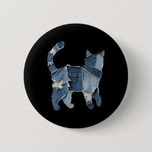 Retro Rolig Denim Lappdjur Katt Tryck Knapp