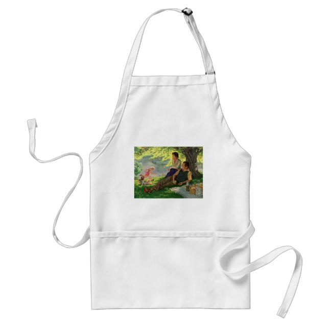 Retro rolig familjepicknick under ett skuggigt trä förkläde (Framsidan)