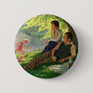 Retro rolig familjepicknick under ett skuggigt trä knapp