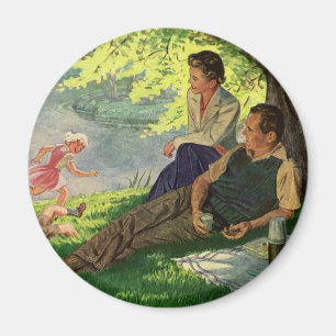 Retro rolig familjepicknick under ett skuggigt trä magnet