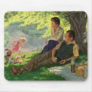 Retro rolig familjepicknick under ett skuggigt trä musmatta
