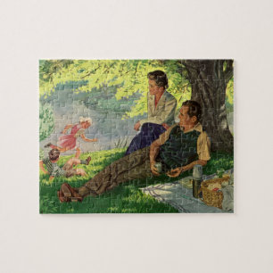 Retro rolig familjepicknick under ett skuggigt trä pussel