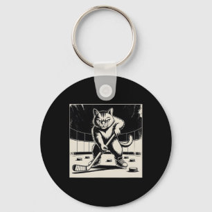 Retro Rolig Katt som Spelar Ishockey Pinne Skridsk Nyckelring