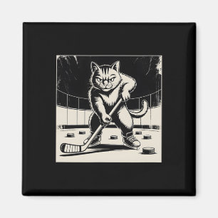 Retro Rolig Katt som Spelar Ishockey Skridskoåknin Magnet