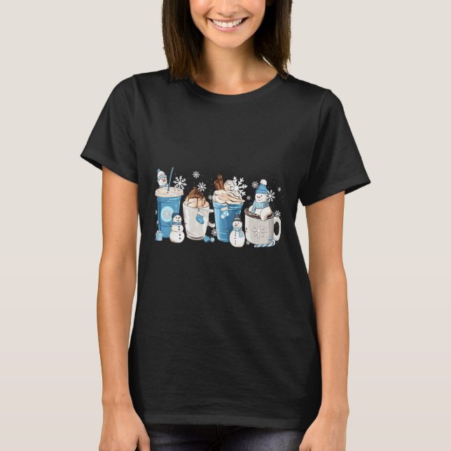 Retro Rolig Snöman Vinter Kaffe C Latte Mysig Sjö T Shirt (Framsida)