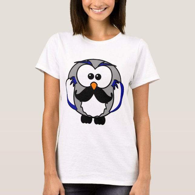 Retro rolig svart Handlebarmustaschuggla T-shirt (Framsida)