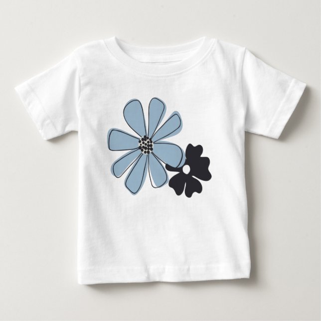 Retro Roligt Blue Blommigt Outline Flowers Mönster T Shirt (Framsida)